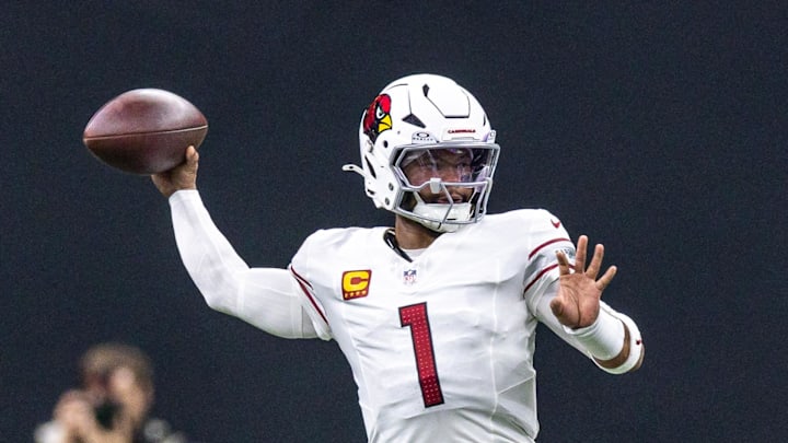 Sep 7, 2025; New Orleans, Louisiana, USA; Arizona Cardinals quarterback Kyler Murray (1) passes against the New Orleans Saints during the first half at Caesars Superdome. Mandatory Credit: Stephen Lew-Imagn Images