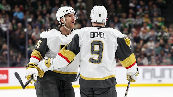 Mar 25, 2025; Saint Paul, Minnesota, USA; Vegas Golden Knights center Jack Eichel (9) celebrates his goal with defenseman Noah Hanifin (15) during the third period against the Minnesota Wild at Xcel Energy Center. Mandatory Credit: Matt Krohn-Imagn Images Mar 25, 2025; Saint Paul, Minnesota, USA; Vegas Golden Knights center Jack Eichel (9) celebrates his goal with defenseman Noah Hanifin (15) during the third period against the Minnesota Wild at Xcel Energy Center. Mandatory Credit: Matt Krohn-Imagn Images