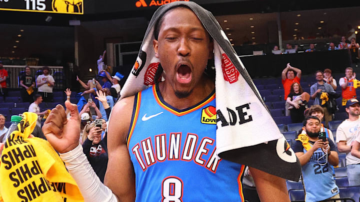 Apr 26, 2025; Memphis, Tennessee, USA; Oklahoma City Thunder forward Jalen Williams (8) reacts after defeating the Memphis Grizzlies in game four for the first round of the 2024 NBA Playoffs at FedExForum. Mandatory Credit: Petre Thomas-Imagn Images Apr 26, 2025; Memphis, Tennessee, USA; Oklahoma City Thunder forward Jalen Williams (8) reacts after defeating the Memphis Grizzlies in game four for the first round of the 2024 NBA Playoffs at FedExForum. Mandatory Credit: Petre Thomas-Imagn Images