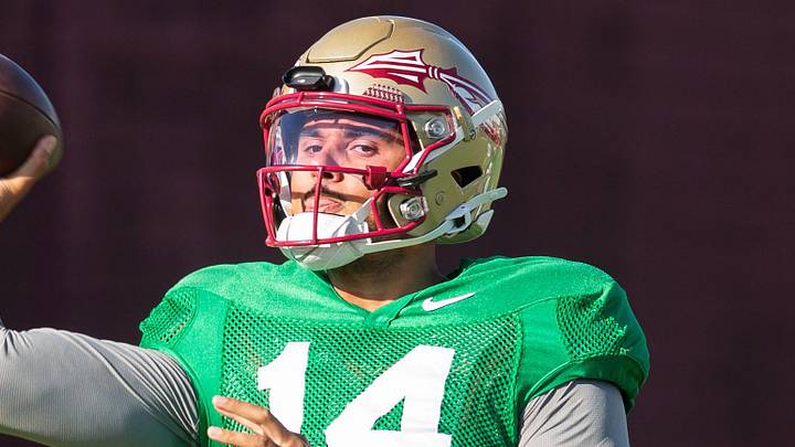 Florida State Seminoles quarterback Ashton Daniels (14) winds up to pass Thursday, April 9, 2026. Florida State Seminoles quarterback Ashton Daniels (14) winds up to pass Thursday, April 9, 2026.