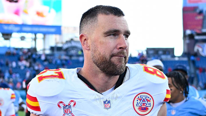 Dec 21, 2025; Nashville, Tennessee, USA;  Kansas City Chiefs tight end Travis Kelce (87) against the Tennessee Titans during post game at Nissan Stadium. Mandatory Credit: Steve Roberts-Imagn Images