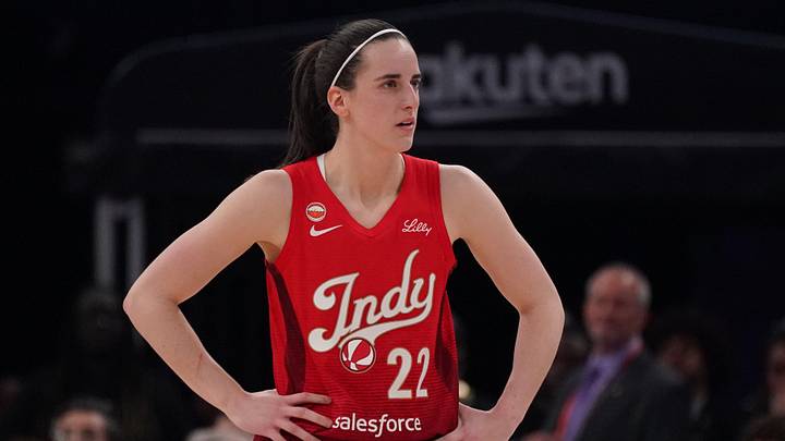 May 28, 2026; San Francisco, California, USA;  Indiana Fever guard Caitlin Clark (22) waits for play to resume against the Golden State Valkyries in the second quarter at Chase Center. Mandatory Credit: David Gonzales-Imagn Images