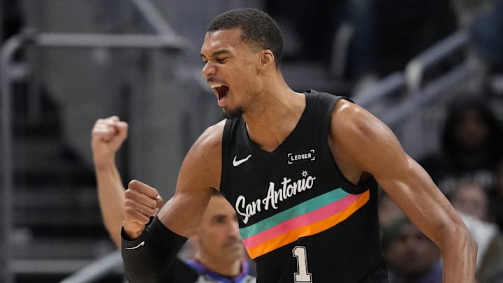 Mar 28, 2026; Milwaukee, Wisconsin, USA;  San Antonio Spurs forward Victor Wembanyama (1) celebrates after scoring a basket during the fourth quarter against the Milwaukee Bucks at Fiserv Forum. Mandatory Credit: Jeff Hanisch-Imagn Images