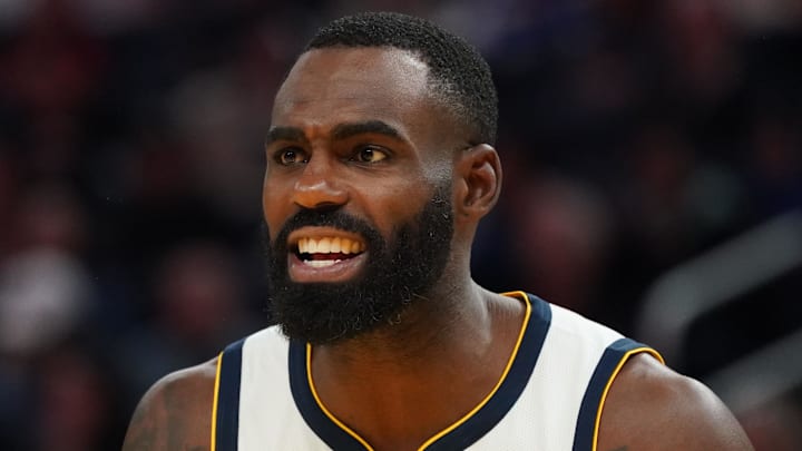 Feb 22, 2026; San Francisco, California, USA;  Denver Nuggets guard-forward Tim Hardaway Jr. (10) talks with the referee during a game against the Golden State Warriors in the third quarter at Chase Center. Mandatory Credit: David Gonzales-Imagn Images
