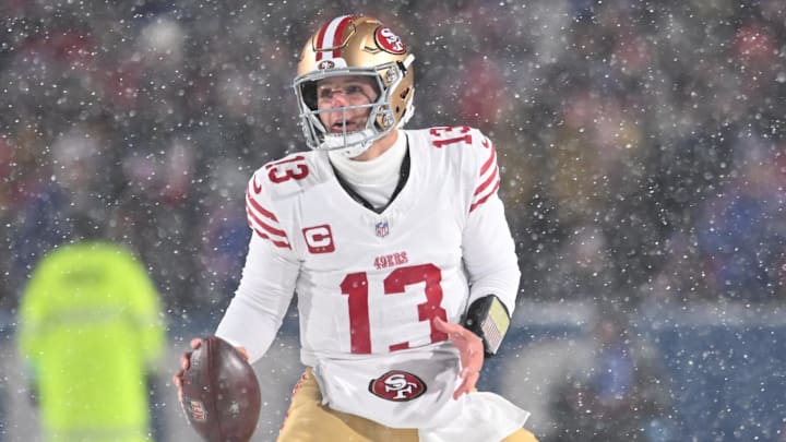 Dec 1, 2024; Orchard Park, New York, USA; San Francisco 49ers quarterback Brock Purdy (13) moves out of the pocket to throw a pass against the Buffalo Bills in the second quarter at Highmark Stadium. Mandatory Credit: Mark Konezny-Imagn Images Dec 1, 2024; Orchard Park, New York, USA; San Francisco 49ers quarterback Brock Purdy (13) moves out of the pocket to throw a pass against the Buffalo Bills in the second quarter at Highmark Stadium. Mandatory Credit: Mark Konezny-Imagn Images