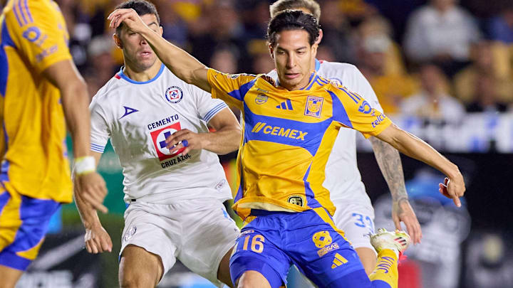 Diego Lainez, center, scored for Tigres against Cruz Azul in Liga MX play in February