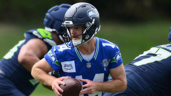Jul 25, 2026; Renton, WA, USA; Seattle Seahawks quarterback Sam Darnold (14) during training camp at Virginia Mason Athletic Center. Mandatory Credit: Steven Bisig-Imagn Images Jul 25, 2026; Renton, WA, USA; Seattle Seahawks quarterback Sam Darnold (14) during training camp at Virginia Mason Athletic Center. Mandatory Credit: Steven Bisig-Imagn Images