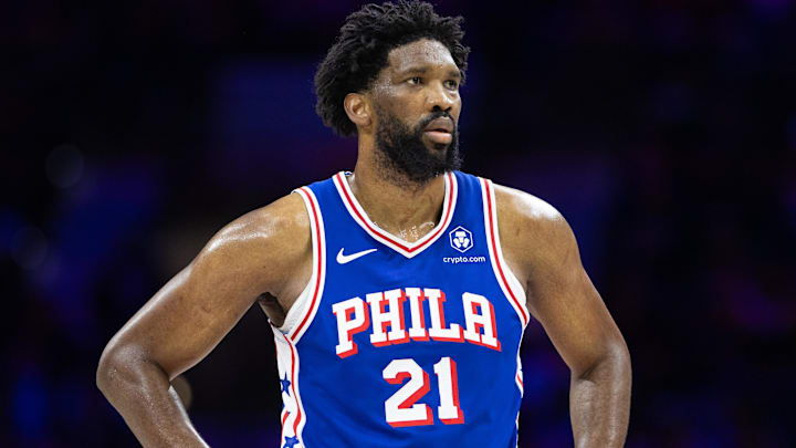 Feb 20, 2025; Philadelphia, Pennsylvania, USA; Philadelphia 76ers center Joel Embiid (21) looks on during the third quarter against the Boston Celtics at Wells Fargo Center. Mandatory Credit: Bill Streicher-Imagn Images