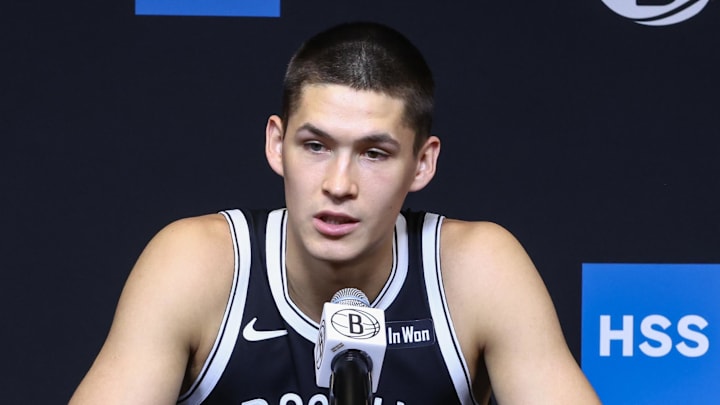 Sep 23, 2025; Brooklyn, NY, USA;  Brooklyn Nets guard Egor Demin (8) speaks at Media Day. Mandatory Credit: Wendell Cruz-Imagn Images