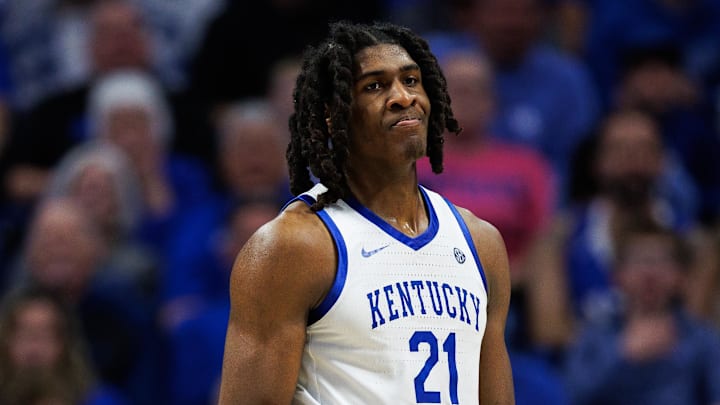 Jan 7, 2026; Lexington, Kentucky, USA; Kentucky Wildcats forward Jayden Quaintance (21) reacts after a play during the second half against the Missouri Tigers at Rupp Arena at Central Bank Center. Mandatory Credit: Jordan Prather-Imagn Images