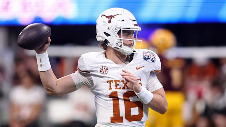 Jan 1, 2025; Atlanta, GA, USA; Texas Longhorns quarterback Arch Manning (16) warms up before the Peach Bowl at Mercedes-Benz Stadium. Mandatory Credit: Brett Davis-Imagn Images