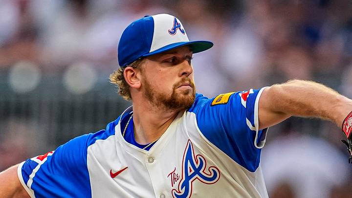 Jun 28, 2025; Cumberland, Georgia, USA; Atlanta Braves starting pitcher Spencer Schwellenbach (56) pitches against the Philadelphia Phillies during the second inning at Truist Park. Mandatory Credit: Dale Zanine-Imagn Images