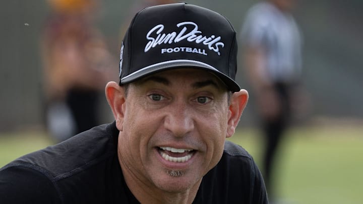 ASU football offensive coordinator Marcus Arroyo during practice on March 26, 2024, at ASU's Kajikawa Practice fields in Tempe.