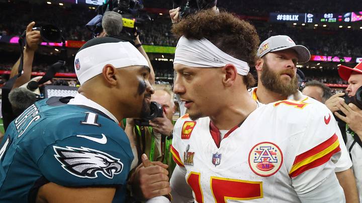 Philadelphia Eagles quarterback Jalen Hurts (1) and Kansas City Chiefs quarterback Patrick Mahomes (15) Philadelphia Eagles quarterback Jalen Hurts (1) and Kansas City Chiefs quarterback Patrick Mahomes (15)