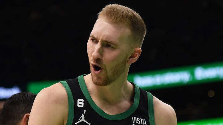 Apr 9, 2023; Boston, Massachusetts, USA; Boston Celtics forward Sam Hauser (30) reacts after getting for a foul during the first half against the Atlanta Hawks at TD Garden. Mandatory Credit: Bob DeChiara-USA TODAY Sports