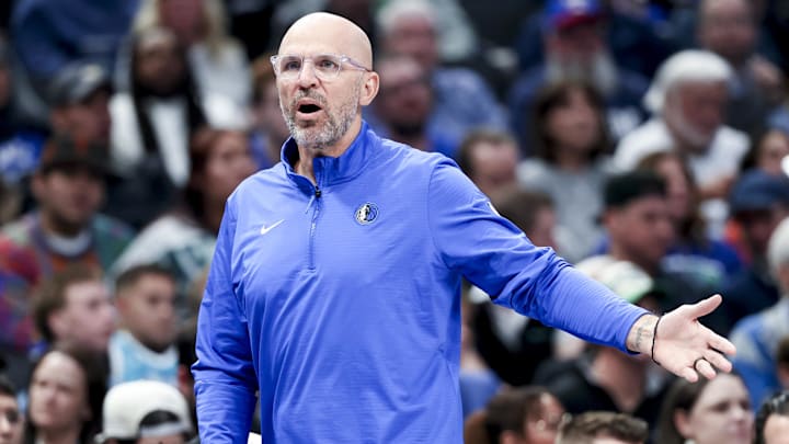 Feb 27, 2025; Dallas, Texas, USA; Dallas Mavericks head coach Jason Kidd reacts during the game against the Charlotte Hornets at American Airlines Center. Mandatory Credit: Kevin Jairaj-Imagn Images Feb 27, 2025; Dallas, Texas, USA; Dallas Mavericks head coach Jason Kidd reacts during the game against the Charlotte Hornets at American Airlines Center. Mandatory Credit: Kevin Jairaj-Imagn Images