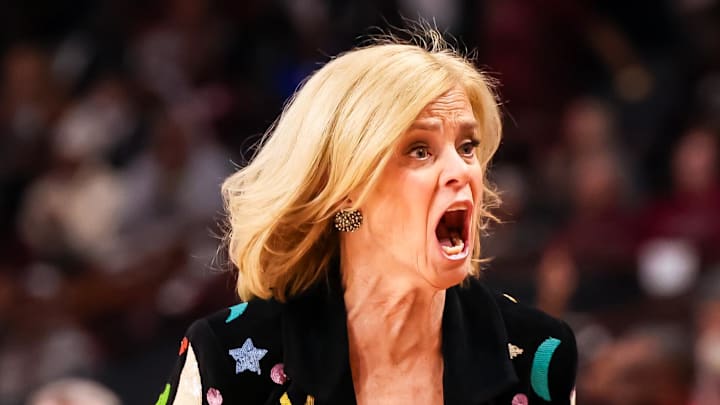 Jan 24, 2025; Columbia, South Carolina, USA; LSU Lady Tigers head coach Kim Mulkey disputes a call during the game against the South Carolina Gamecocks in the first half at Colonial Life Arena. Mandatory Credit: Jeff Blake-Imagn Images