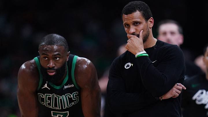 Apr 29, 2025; Boston, Massachusetts, USA; Boston Celtics head coach Joe Mazzulla talks with guard Jaylen Brown (7) from the sideline as they take on the Orlando Magic during game five of first round for the 2025 NBA Playoffs at TD Garden. Mandatory Credit: David Butler II-Imagn Images