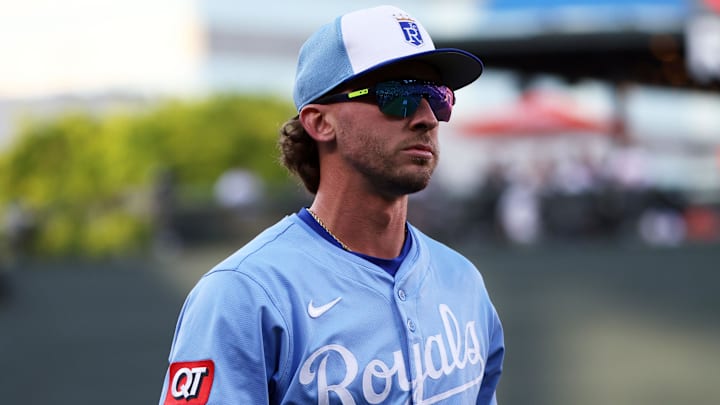 May 2, 2025; Baltimore, Maryland, USA; Kansas City Royals outfielder Drew Waters (8) looks on before a game against the Baltimore Orioles at Oriole Park at Camden Yards. Mandatory Credit: Daniel Kucin Jr.-Imagn Images