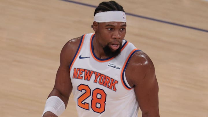 Oct 13, 2025; New York, New York, USA; New York Knicks forward Guerschon Yabusele (28) reacts after making a basket against the Washington Wizards during the first quarter at Madison Square Garden. Mandatory Credit: Vincent Carchietta-Imagn Images Oct 13, 2025; New York, New York, USA; New York Knicks forward Guerschon Yabusele (28) reacts after making a basket against the Washington Wizards during the first quarter at Madison Square Garden. Mandatory Credit: Vincent Carchietta-Imagn Images