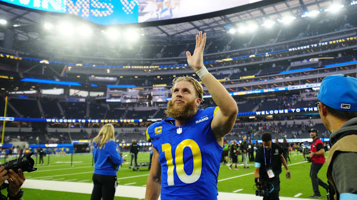 Los Angeles Rams wide receiver Cooper Kupp (10) reacts after the game against the Buffalo Bills at SoFi Stadium.