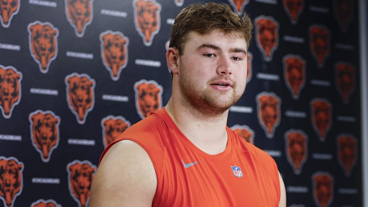 Chicago Bears offensive line Ozzy Trapilo speaks during the Rookie Minicamp at Halas Hall.