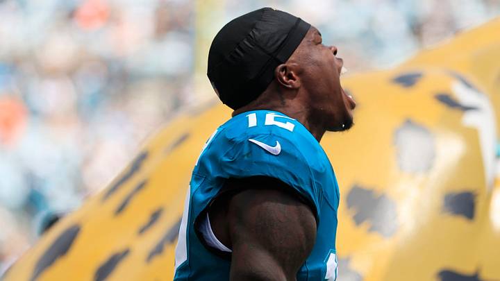 Jacksonville Jaguars wide receiver Travis Hunter (12) is introduced before an NFL football matchup at EverBank Stadium on Sunday, Sept. 13, 2026, in Jacksonville, Fla. The Jaguars defeated the Browns 34-10.