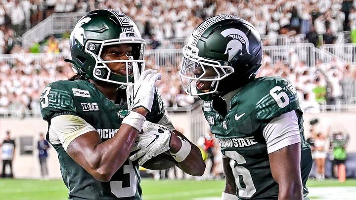 Michigan State’s Rodney Bullard Jr., left, celebrates his touchdown with Fredrick Moore during the fourth quarter in the game against Toledo on Friday, Sept. 4, 2026, at Spartan Stadium in East Lansing. Michigan State’s Rodney Bullard Jr., left, celebrates his touchdown with Fredrick Moore during the fourth quarter in the game against Toledo on Friday, Sept. 4, 2026, at Spartan Stadium in East Lansing.