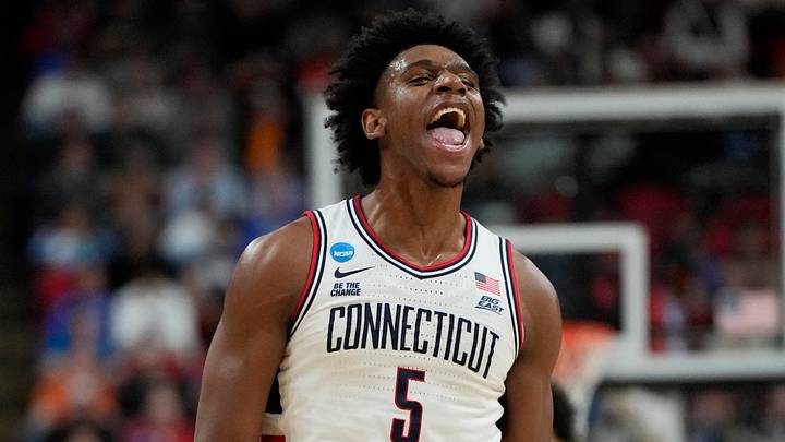 Mar 21, 2025; Raleigh, NC, USA;  Connecticut Huskies center Tarris Reed Jr. (5) reacts during the first half against the Oklahoma Sooners at Lenovo Center. Mandatory Credit: Bob Donnan-Imagn Images