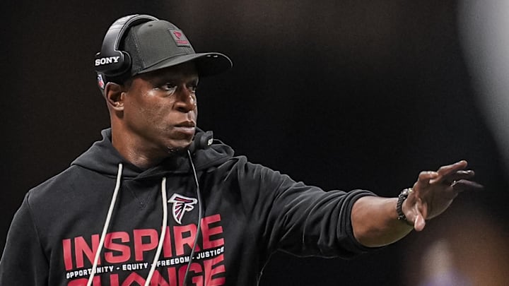 Jan 4, 2026; Atlanta, Georgia, USA; Atlanta Falcons head coach Raheem Morris on the sideline during the game against the New Orleans Saints during the second half at Mercedes-Benz Stadium. Mandatory Credit: Dale Zanine-Imagn Images