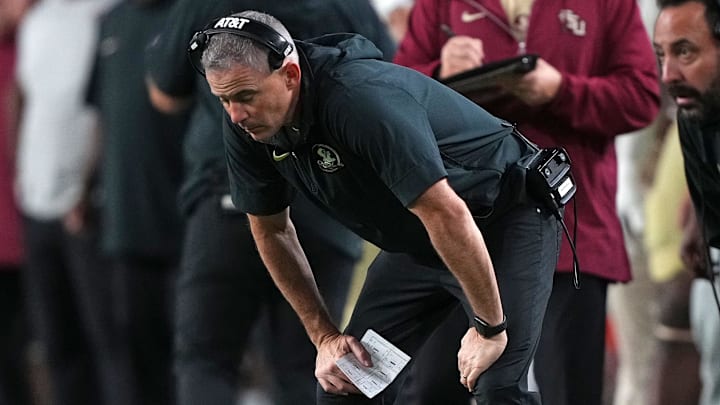 Dec 30, 2023; Miami Gardens, FL, USA; Florida State Seminoles head coach Mike Norvell reacts against the Georgia Bulldogs during the second half in the 2023 Orange Bowl at Hard Rock Stadium. Mandatory Credit: Jasen Vinlove-Imagn Images Dec 30, 2023; Miami Gardens, FL, USA; Florida State Seminoles head coach Mike Norvell reacts against the Georgia Bulldogs during the second half in the 2023 Orange Bowl at Hard Rock Stadium. Mandatory Credit: Jasen Vinlove-Imagn Images