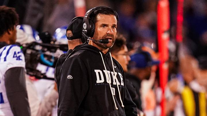 Nov 8, 2025; East Hartford, Connecticut, USA; Duke Blue Devils head coach Manny Diaz watches from the sideline as they take on the UConn Huskies at Pratt & Whitney Stadium at Rentschler Field. Mandatory Credit: David Butler II-Imagn Images