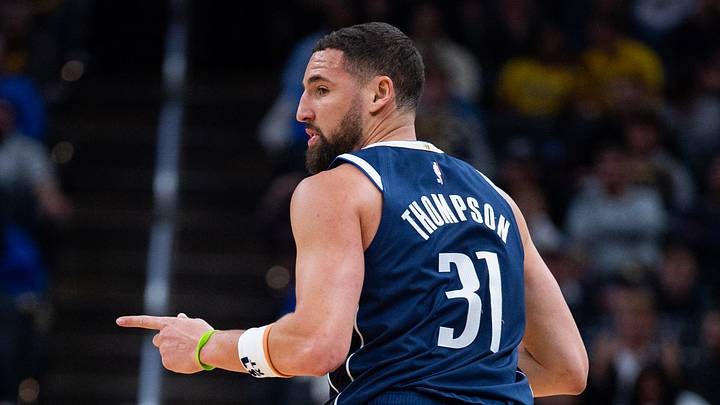 Feb 22, 2026; Indianapolis, Indiana, USA; Dallas Mavericks guard Klay Thompson (31) celebrates a made shot in the second half against the Indiana Pacers at Gainbridge Fieldhouse. Mandatory Credit: Trevor Ruszkowski-Imagn Images Feb 22, 2026; Indianapolis, Indiana, USA; Dallas Mavericks guard Klay Thompson (31) celebrates a made shot in the second half against the Indiana Pacers at Gainbridge Fieldhouse. Mandatory Credit: Trevor Ruszkowski-Imagn Images