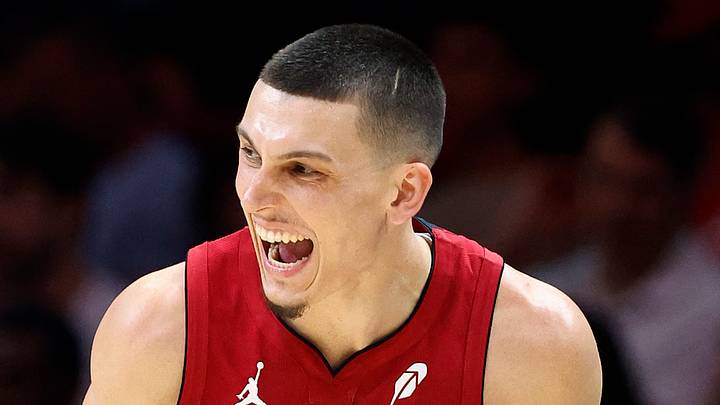Miami Heat guard Tyler Herro (14) reacts against the Detroit Pistons during the second half at Kaseya Center on March 8, 2026.