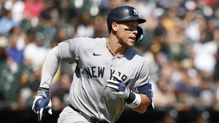 Aug 31, 2025; Chicago, Illinois, USA; New York Yankees designated hitter Aaron Judge (99) watches his double against the Chicago White Sox during the third inning at Rate Field. Mandatory Credit: Kamil Krzaczynski-Imagn Images