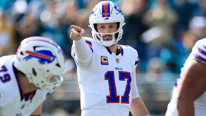 Buffalo Bills quarterback Josh Allen calls a play during the first quarter of an NFL football AFC Wild Card playoff matchup.