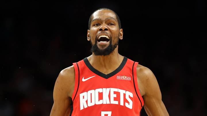 Apr 7, 2026; Phoenix, Arizona, USA; Houston Rockets forward Kevin Durant (7) celebrates a three point shot against the Phoenix Suns in the second half at Mortgage Matchup Center. Mandatory Credit: Mark J. Rebilas-Imagn Images