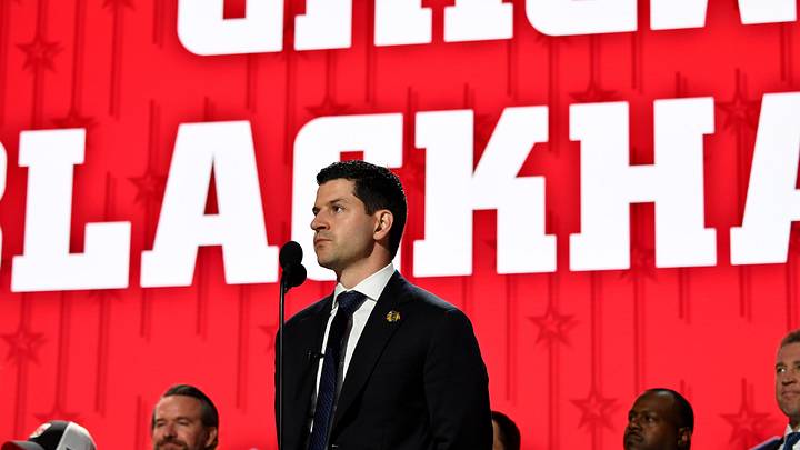 Jun 28, 2023; Nashville, Tennessee, USA; Chicago Blackhawks general manager Kyle Davidson makes the nineteenth pick in round one of the 2023 NHL Draft at Bridgestone Arena. Mandatory Credit: Christopher Hanewinckel-Imagn Images