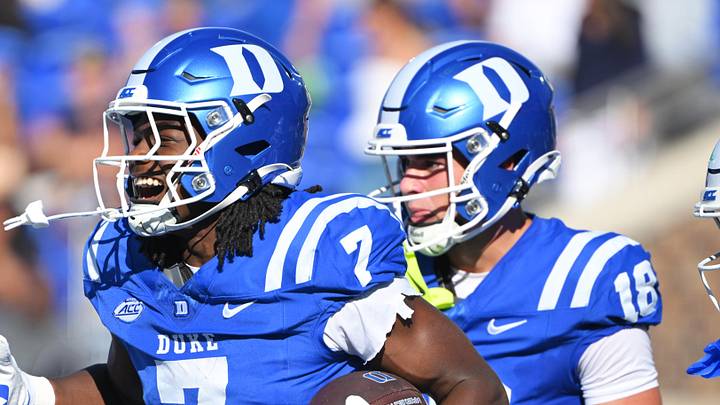 Sep 26, 2026; Durham, North Carolina, USA; Duke Blue Devils wide receiver Kavon Simmons (7) celebrates a touchdown against the William & Mary Tribe during the second quarter and celebrates with running back Nate Sheppard (20) and wide receiver Brody Keefe (18) at Wallace Wade Stadium. Mandatory Credit: Zachary Taft-Imagn Images Sep 26, 2026; Durham, North Carolina, USA; Duke Blue Devils wide receiver Kavon Simmons (7) celebrates a touchdown against the William & Mary Tribe during the second quarter and celebrates with running back Nate Sheppard (20) and wide receiver Brody Keefe (18) at Wallace Wade Stadium. Mandatory Credit: Zachary Taft-Imagn Images