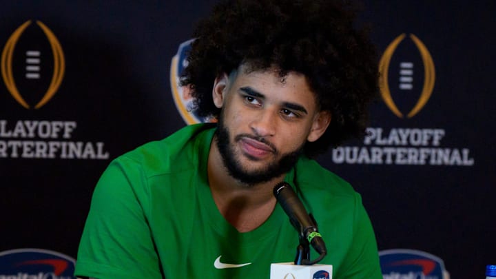 Oregon quarterback Dante Moore speaks during the Oregon Ducks media day ahead of Orange Bowl on Dec. 30, 2025, at Hard Rock Stadium in Miami, Florida.
