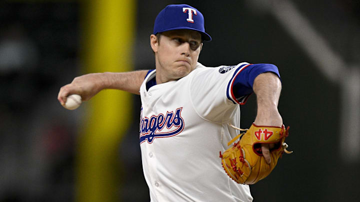Aug 11, 2025; Arlington, Texas, USA; Texas Rangers relief pitcher Phil Maton (88) pitches against the Arizona Diamondbacks during the tenth inning at Globe Life Field