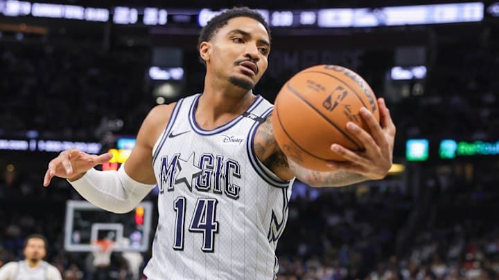 Nov 23, 2024; Orlando, Florida, USA; Orlando Magic guard Gary Harris (14) goes to the basket during the second half against the Detroit Pistons at Kia Center. Mandatory Credit: Mike Watters-Imagn Images