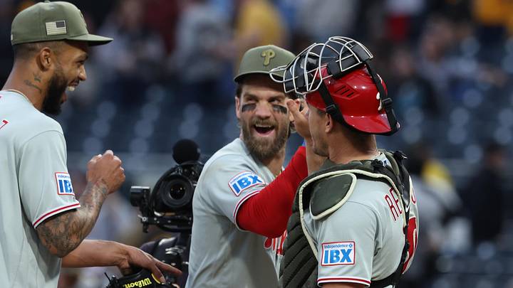 May 16, 2026; Pittsburgh, Pennsylvania, USA; Philadelphia Phillies starting pitcher Cristopher Sánchez (left) and first baseman Bryce Harper (middle) and catcher J.T. Realmuto (10) celebrate after a complete game shutout against the Pittsburgh Pirates at PNC Park. May 16, 2026; Pittsburgh, Pennsylvania, USA; Philadelphia Phillies starting pitcher Cristopher Sánchez (left) and first baseman Bryce Harper (middle) and catcher J.T. Realmuto (10) celebrate after a complete game shutout against the Pittsburgh Pirates at PNC Park.