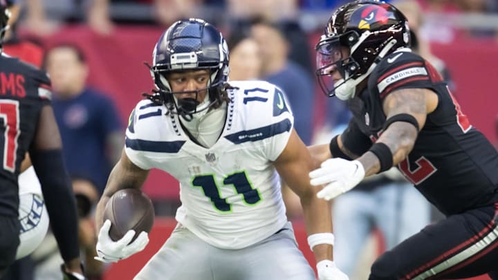 Dec 8, 2024; Glendale, Arizona, USA; Seattle Seahawks wide receiver Jaxon Smith-Njigba (11) against the Arizona Cardinals at State Farm Stadium. Mandatory Credit: Mark J. Rebilas-Imagn Images