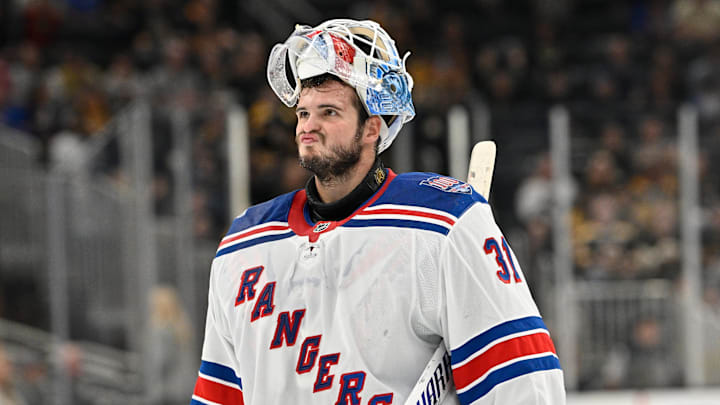 Oct 4, 2025; Boston, Massachusetts, USA; New York Rangers goaltender Igor Shesterkin (31) returns to the net after a break in the action during the third period period against the Boston Bruins at TD Garden. Mandatory Credit: Eric Canha-Imagn Images
