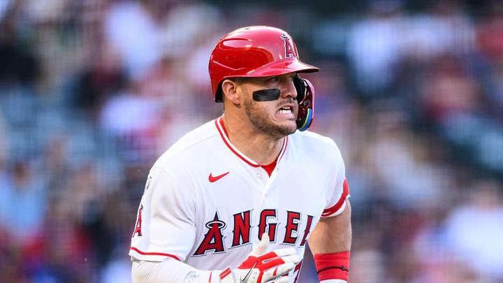 May 15, 2026; Anaheim, California, USA; Los Angeles Angels center fielder Mike Trout (27) runs during the first inning against the Los Angeles Dodgers at Angel Stadium. Mandatory Credit: William Liang-Imagn Images