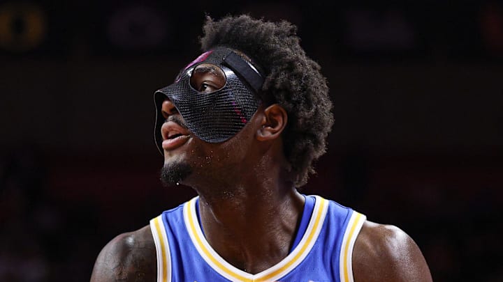 Jan 13, 2025; Piscataway, New Jersey, USA; UCLA Bruins guard Eric Dailey Jr. (3) goes to the basket during the first half against the Rutgers Scarlet Knights at Jersey Mike's Arena. Mandatory Credit: Vincent Carchietta-Imagn Images