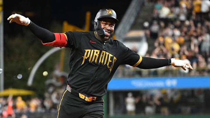 Apr 17, 2026; Pittsburgh, Pennsylvania, USA;  Pittsburgh Pirates center fielder Oneil Cruz celebrates after hitting a two-run home run against the Tampa Bay Rays during the sixth inning at PNC Park. Mandatory Credit: Philip G. Pavely-Imagn Images