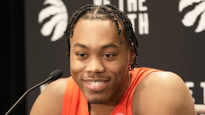 Toronto Raptors forward Scottie Barnes smiles during a question on Media Day.