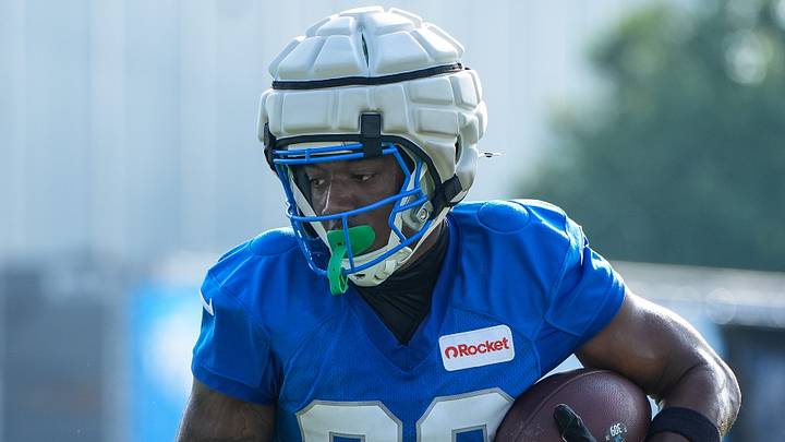 Detroit Lions wide receiver Jackson Meeks (83) practices during training camp at Meijer Performance Center in Allen Park on Thursday, July 24, 2025. Detroit Lions wide receiver Jackson Meeks (83) practices during training camp at Meijer Performance Center in Allen Park on Thursday, July 24, 2025.